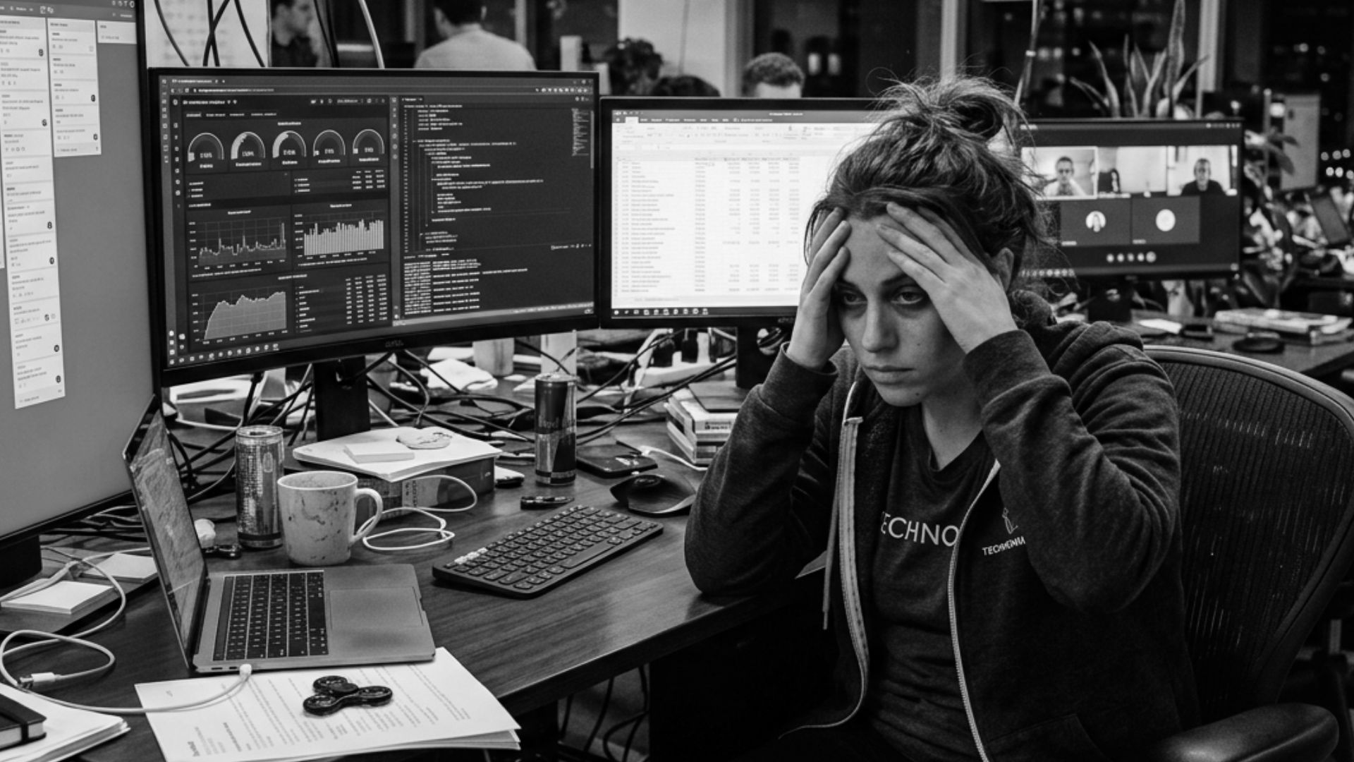 Business owner overwhelmed by social media analytics and content performance while struggling with digital marketing strategy.