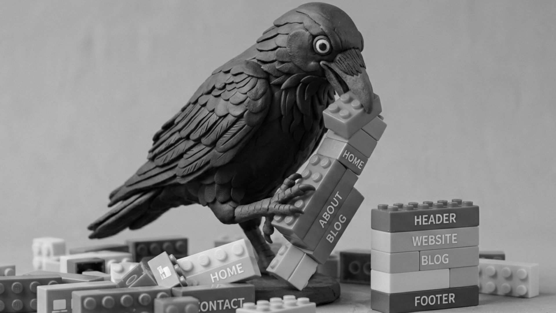 Splitrun's mascot; Jake the raven, organizing chaotic website structure blocks for SEO optimization and search visibility improvement