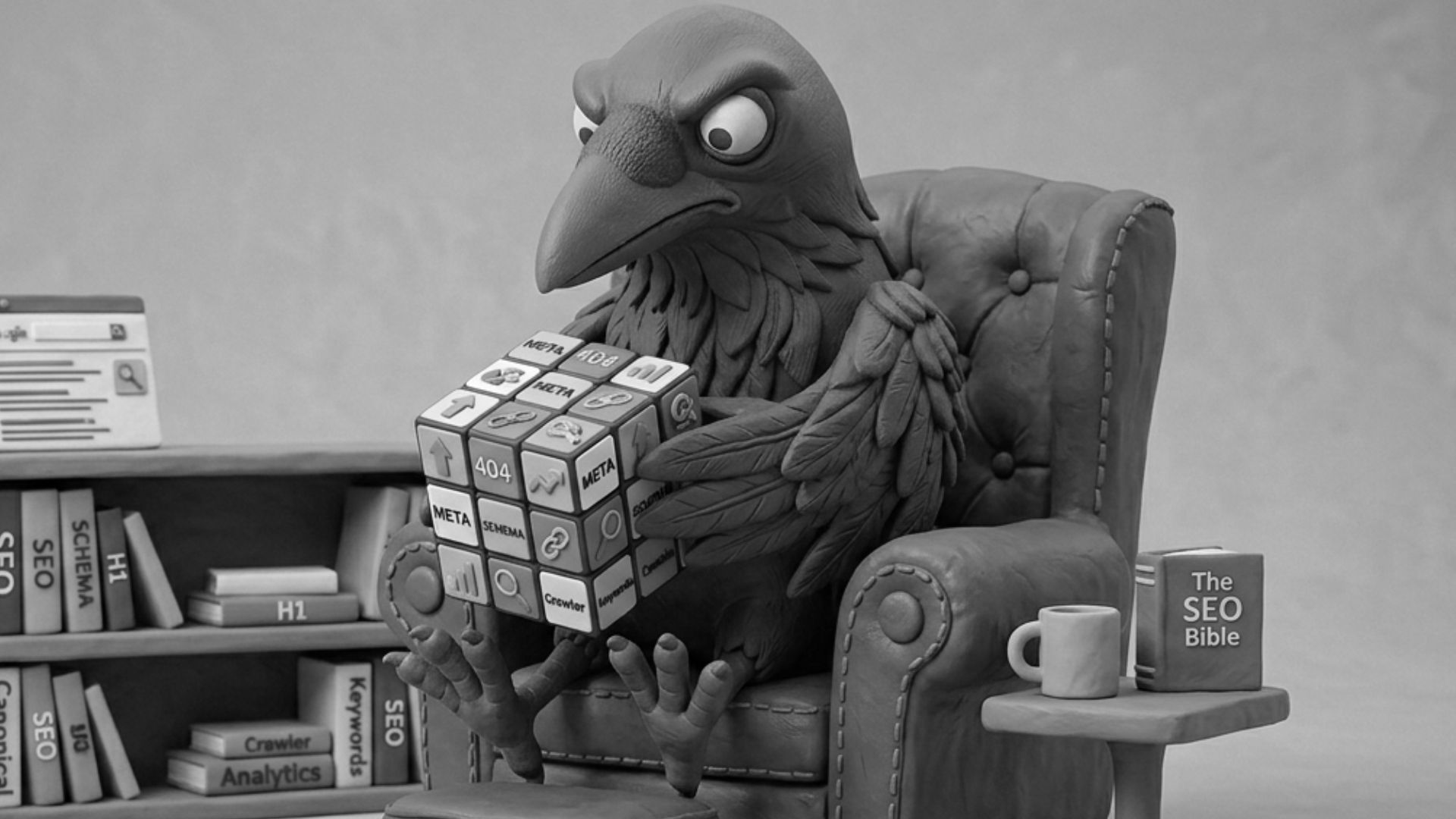 Jake the raven solving technical SEO (Search Engine Optimization) issues to improve search performance and website visibility