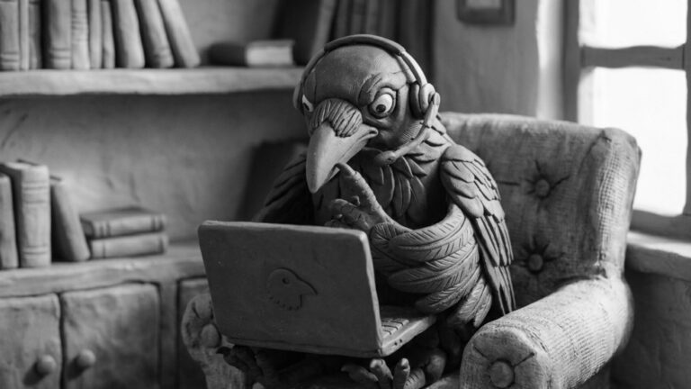 Jake the raven overwhelmed with business tasks while virtual assistant systems organize operations