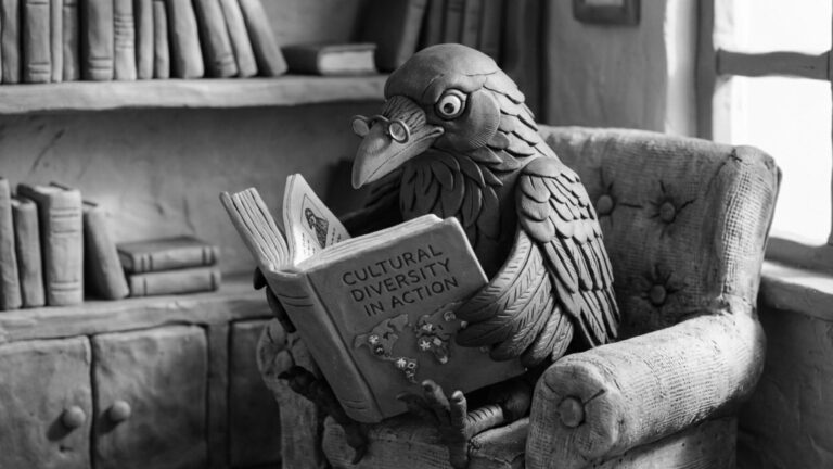 Jake the raven reading a book on cultural diversity and trying to understand global business expansion strategies