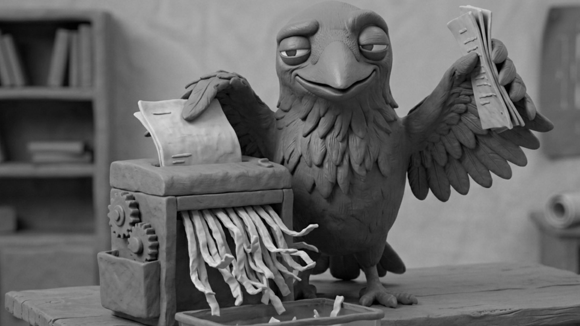 Jake the raven from Splitrun shredding manual paperwork symbolizing transition from manual operations to AI agents.