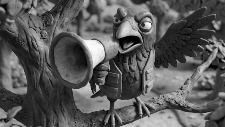 Jake the raven screaming in a megaphone and managing audience attention and brand positioning in the modern attention economy