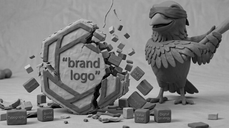 Jake the raven found branding elements emerging from a cracked logo Pinata, representing a complete branding strategy beyond visual identity alone.