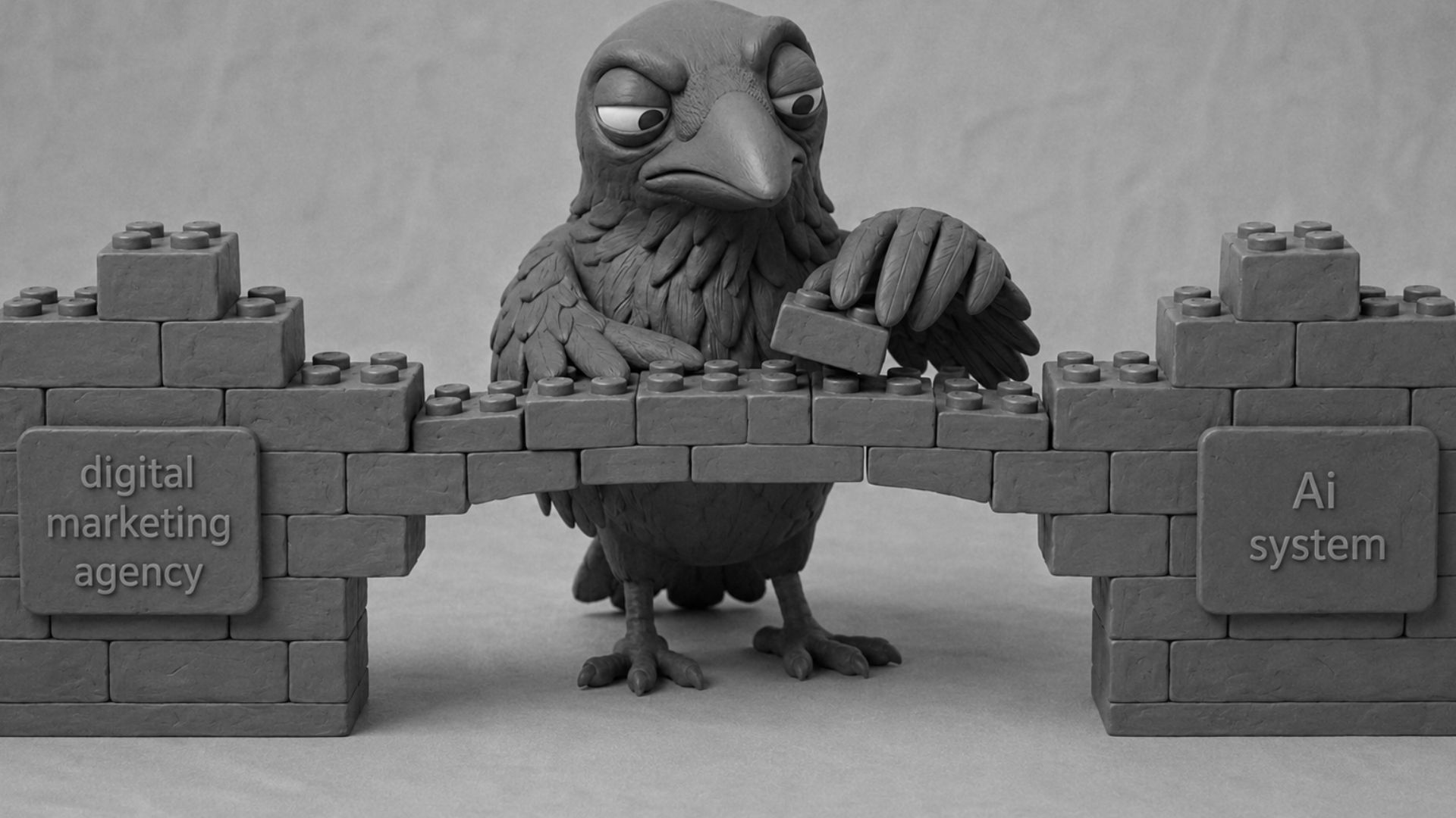 Jake the raven building a block bridge between a digital marketing agency and AI system, symbolizing a smarter business scaling strategy that combines human expertise with AI automation.