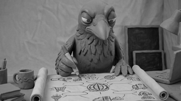 Jake the raven building an ecommerce growth blueprint, symbolizing sustainable ecommerce scaling beyond paid advertising.
