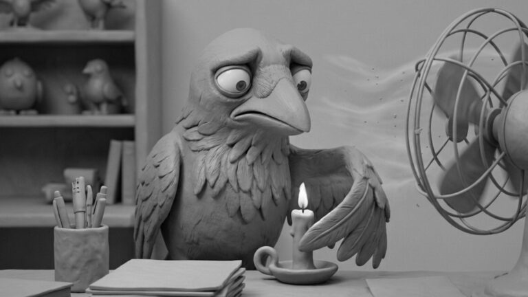 Jake the raven protecting a tiny candle flame from a desk fan, symbolizing the importance of keeping customer experience human amid AI automation.