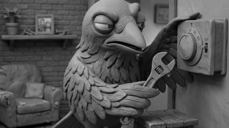 Jake the raven fixing a chaotic thermostat and HVAC vent system, symbolizing HVAC technicians as essential home comfort heroes maintaining heating and cooling systems.