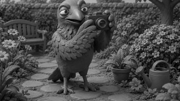 Jake the raven is standing in a garden while taking photographs with a vintage camera, symbolizing the lasting importance of photography and preserving digital memories.