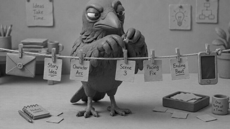 Jake the raven celebrating Social Media Day and clipping note cards onto a line between an envelope and a smartphone, symbolizing the evolution of communication and life online.