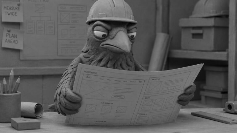 Jake the raven studying a technical SEO blueprint while adjusting a large SEO gear, symbolizing technical SEO strategy and website optimization for modern search engines.