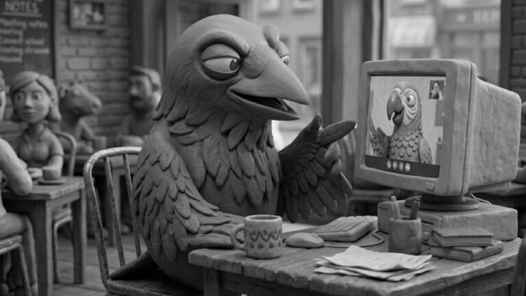 Jake having a video meeting with a parrot virtual assistant, symbolizing solopreneurs transitioning from manual work to virtual assistant services and managed teams.