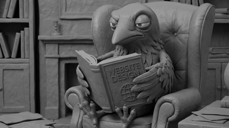Jake the raven reading a book on website design and understanding mistakes that negatively impact Google rankings and SEO performance