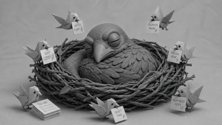 Jake the raven sleeping in a nest while small paper-bird helpers carry task cards, symbolizing AI agents and a borderless digital workforce helping businesses scale.