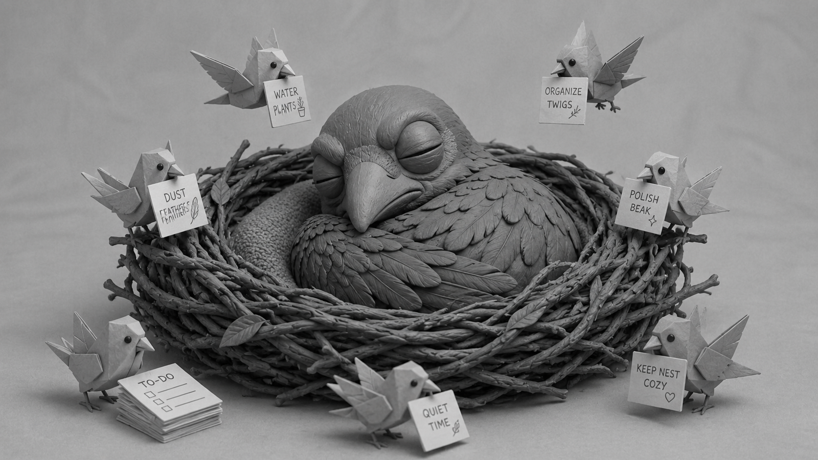 Jake the raven sleeping in a nest while small paper-bird helpers carry task cards, symbolizing AI agents and a borderless digital workforce helping businesses scale.