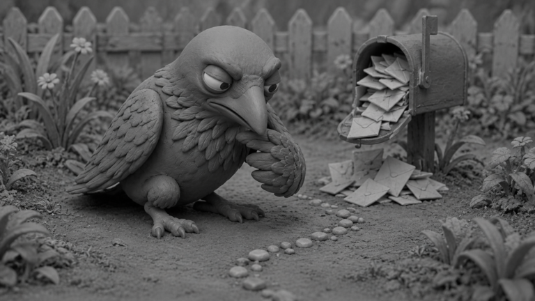 Jake the raven following a trail of pebbles while leaving an overflowing follow-up mailbox behind, symbolizing AI agents finding customers proactively.