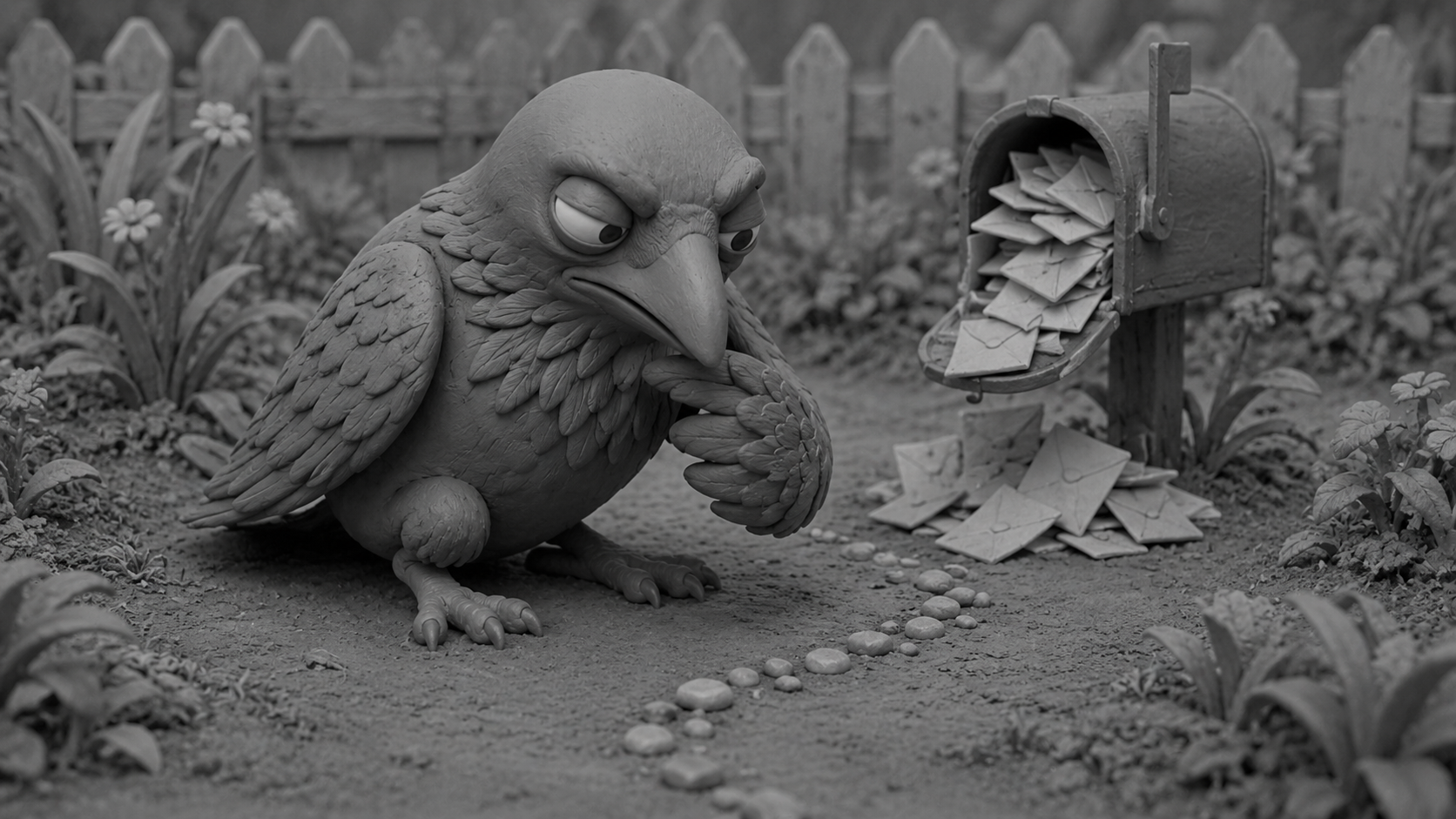 Jake the raven following a trail of pebbles while leaving an overflowing follow-up mailbox behind, symbolizing AI agents finding customers proactively.