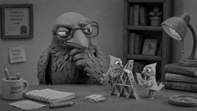 Jake the raven training small paper-bird helpers to sort task cards, symbolizing AI agents and next-generation virtual assistants improving business productivity.