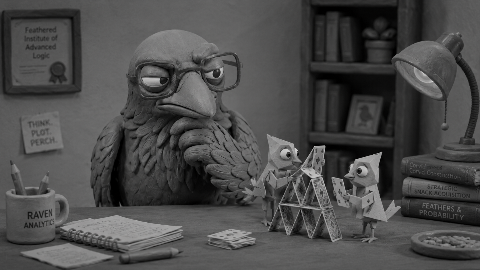 Jake the raven training small paper-bird helpers to sort task cards, symbolizing AI agents and next-generation virtual assistants improving business productivity.