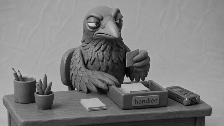 Jake the raven calmly sorting boring task notes into a handled tray beside a voice recorder, symbolizing an AI assistant streamlining daily work without losing a human voice.