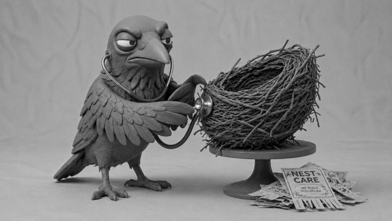 Jake the raven using a stethoscope on a lopsided nest while ignoring glossy flyers, symbolizing digital agencies moving from deliverables to business consulting.