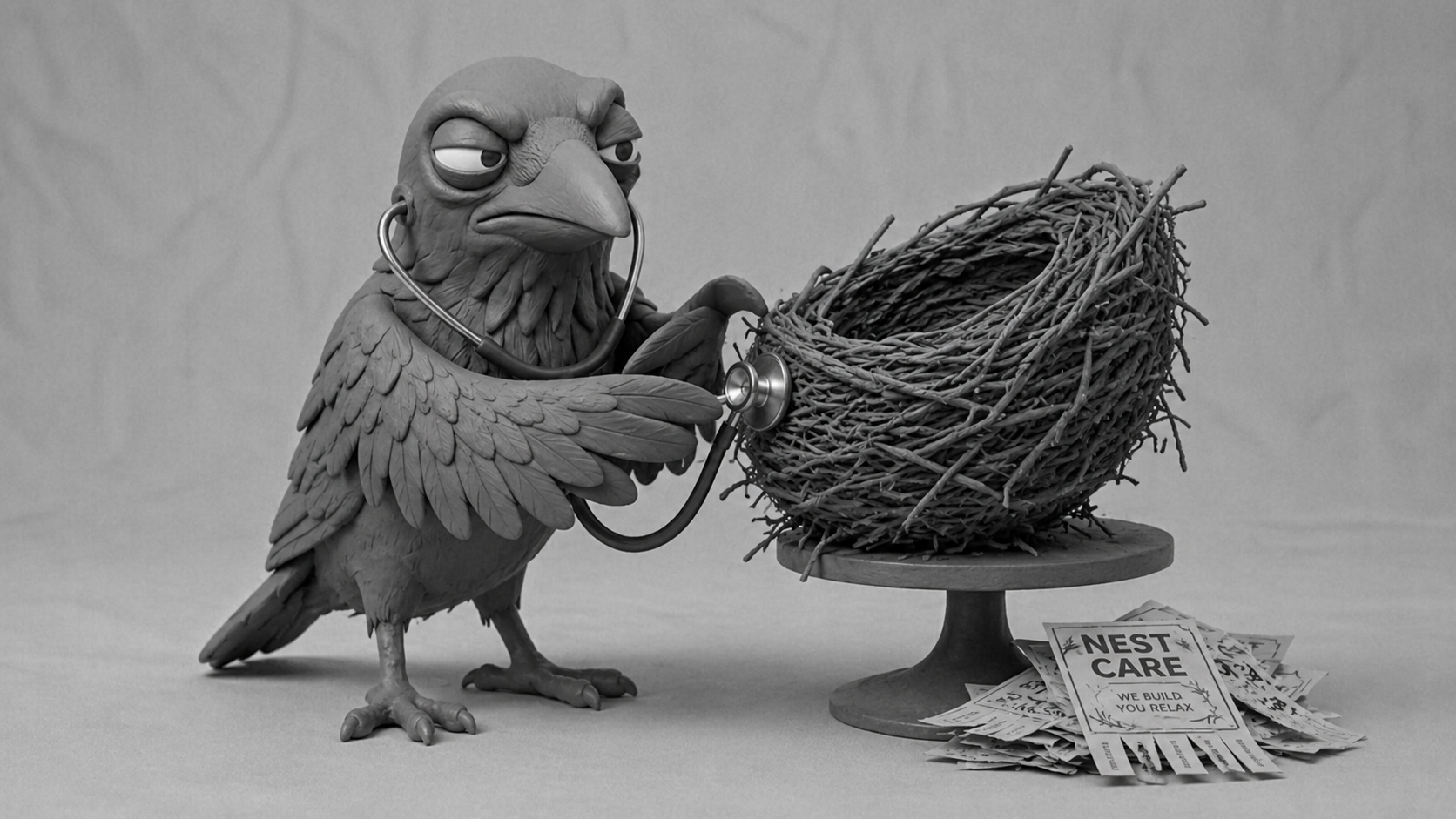 Jake the raven using a stethoscope on a lopsided nest while ignoring glossy flyers, symbolizing digital agencies moving from deliverables to business consulting.