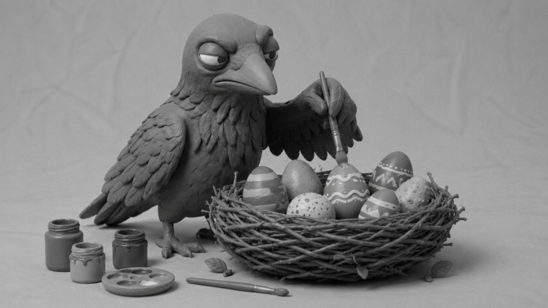 Jake the raven painting matching patterns on mismatched eggs in a nest, symbolizing branding and identity consistency that builds customer loyalty.