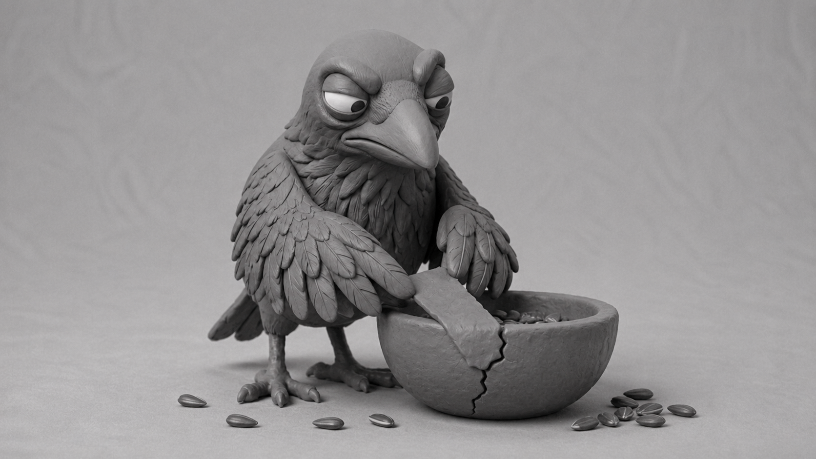 Jake the raven patching a cracked seed bowl before adding more seeds, symbolizing business consulting that fixes broken processes before hiring more people.