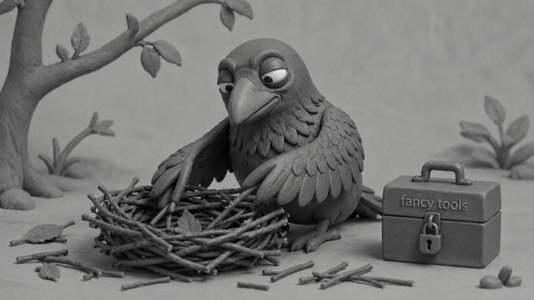 Jake the raven reorganizing a messy nest while ignoring a shiny toolbox, symbolizing business consulting that fixes workflows before adding new tools.