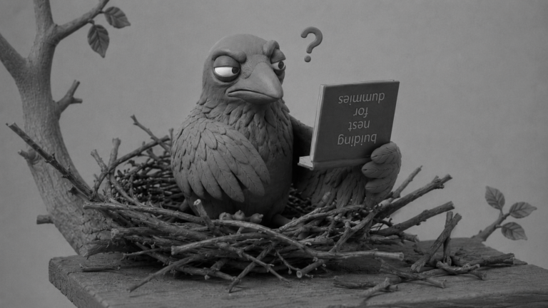 Jake the raven building a structured nest while holding an instruction manual, symbolizing business consulting and smart systems replacing improvised workflows.