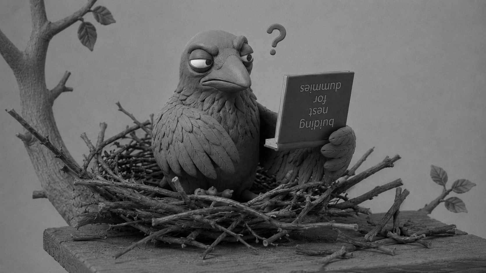Jake the raven building a structured nest while holding an instruction manual, symbolizing business consulting and smart systems replacing improvised workflows.