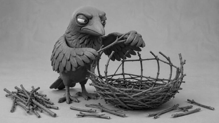 Jake the raven building a nest around a twig skeleton frame, symbolizing Content Architecture SEO as the structure behind a strong content strategy.