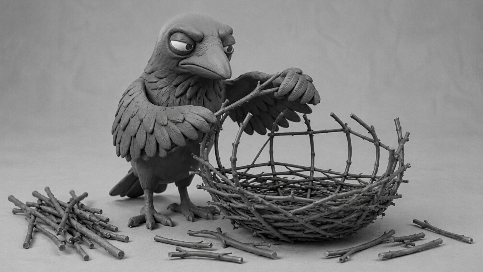 Jake the raven building a nest around a twig skeleton frame, symbolizing Content Architecture SEO as the structure behind a strong content strategy.