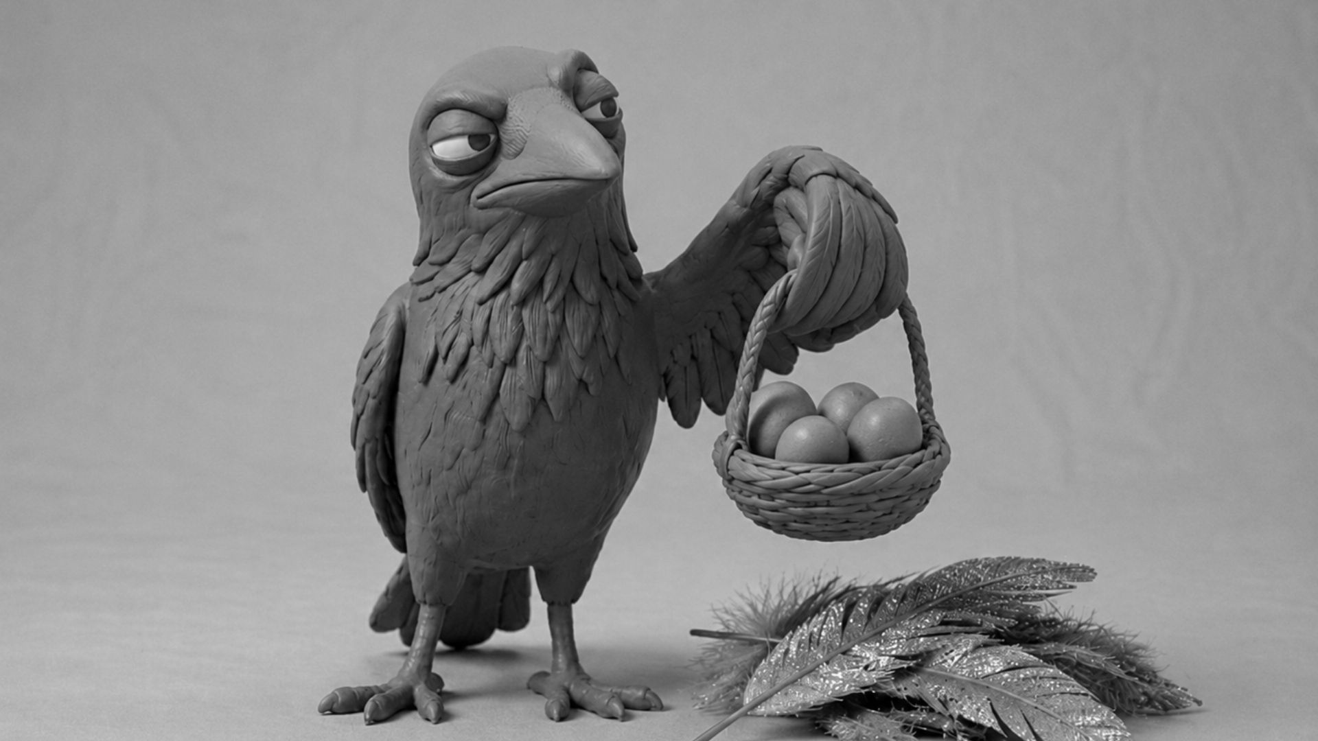 Jake the raven holding four shiny pebbles beside a pile of fake glittery feathers, symbolizing digital marketing analytics that reveal real growth beyond vanity metrics.