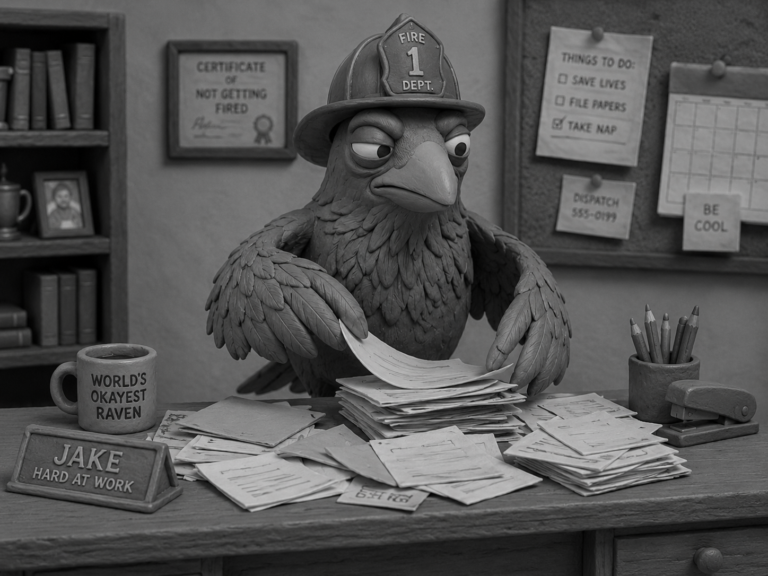 Jake the raven wearing a firefighter helmet while organizing messy task papers, symbolizing scalable digital marketing systems for online business growth.