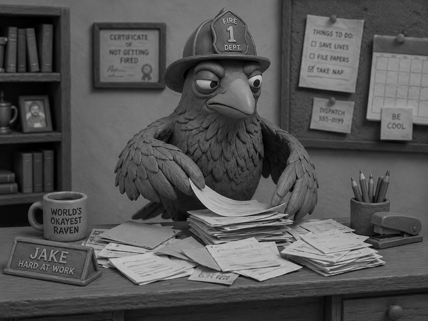 Jake the raven wearing a firefighter helmet while organizing messy task papers, symbolizing scalable digital marketing systems for online business growth.