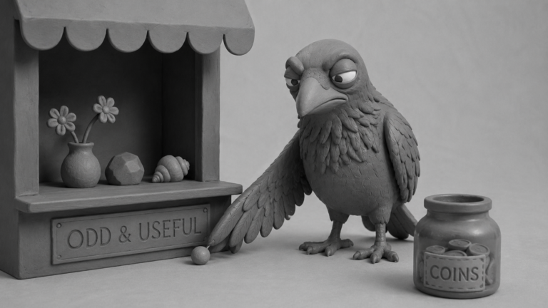 Jake the raven nudging a pebble from a display window toward a coin jar, symbolizing digital marketing systems that turn attention into revenue.