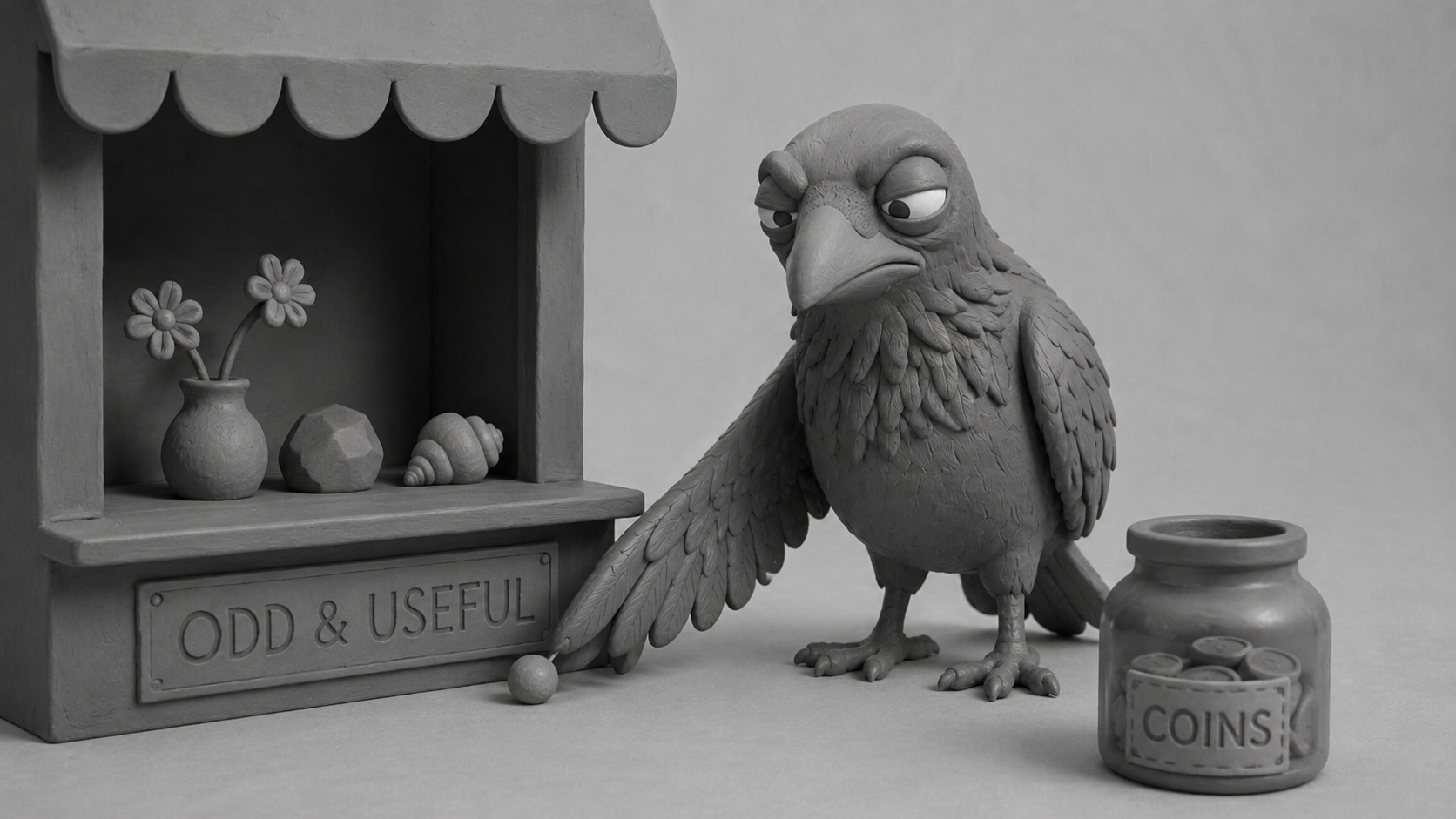 Jake the raven nudging a pebble from a display window toward a coin jar, symbolizing digital marketing systems that turn attention into revenue.