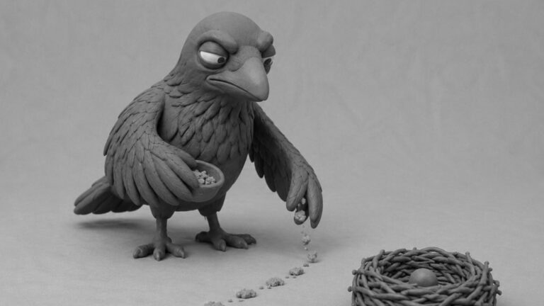 Jake the raven placed a pebble in a nest while arranging a breadcrumb trail, symbolizing ecommerce customer retention after the first sale.