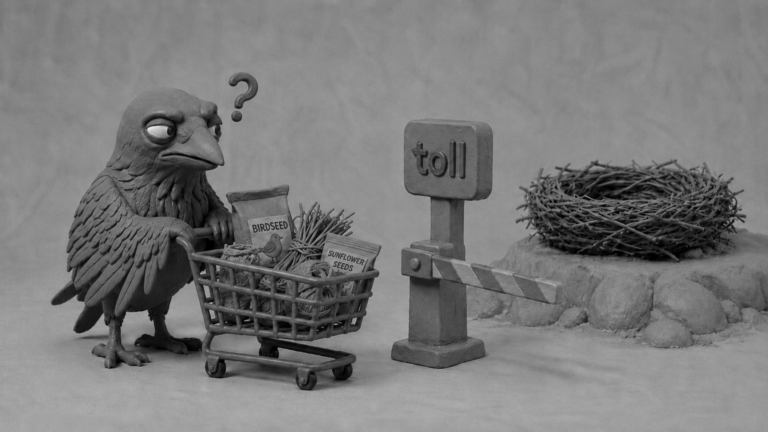 Jake the raven pushing a shopping cart towards a nest but stopping at a surprise toll sign, symbolizing ecommerce cart abandonment and checkout friction.