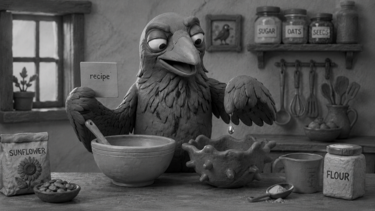 Jake the raven cooking from two different bowls while holding the same recipe card, symbolizing global scaling while keeping brand identity consistent.