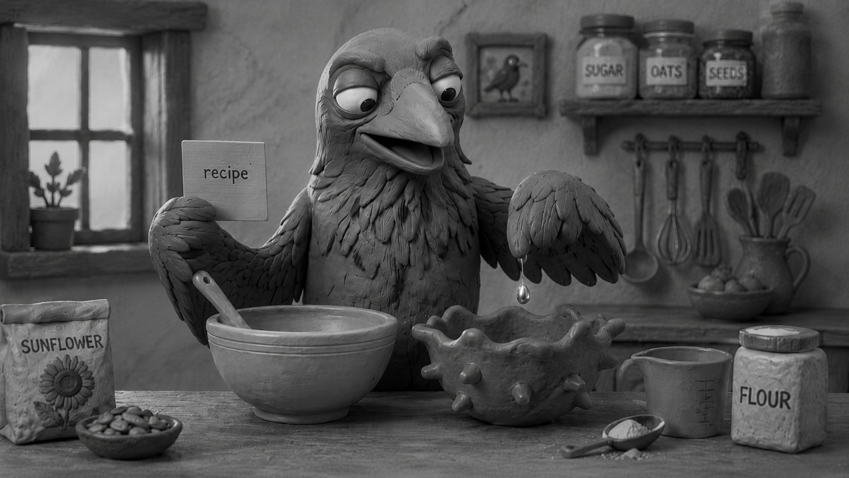 Jake the raven cooking from two different bowls while holding the same recipe card, symbolizing global scaling while keeping brand identity consistent.