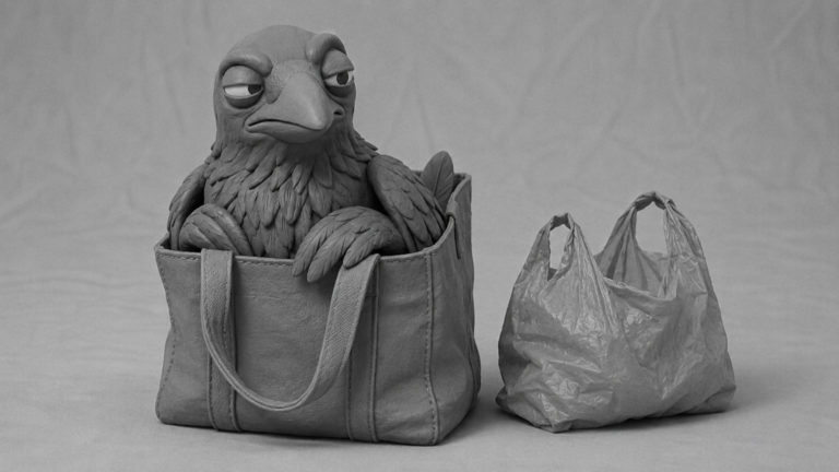 Jake the raven sitting inside a reusable shopping tote beside a crumpled plastic bag, symbolizing easy sustainable habits for International Plastic Bag Free Day.