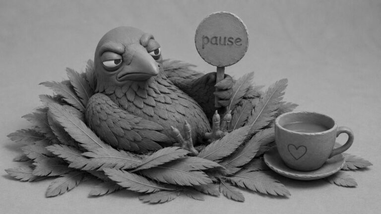 Jake the raven melting into a pile of feathers while holding a pause sign beside a teacup, symbolizing International Self-Care Day and stress prevention.