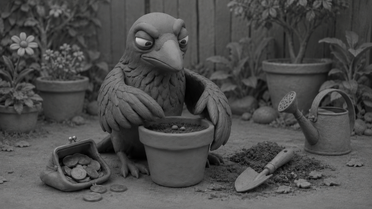 Jake the raven planting seeds in a tiny pot while ignoring scattered coins, symbolizing a no-ad SEO strategy for organic service business growth.