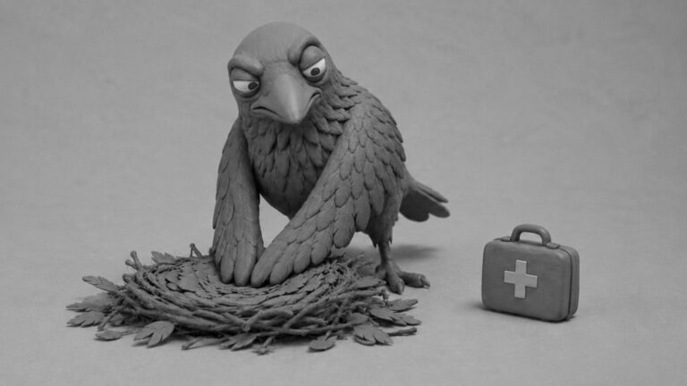 Jake the raven giving CPR to a collapsed nest beside a first-aid kit, symbolizing SEO services reviving website health and search visibility.