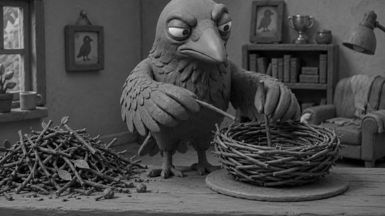 Jake the raven sorting a messy pile of twigs into neat clustered nests, symbolizing an SEO strategy built around topic clusters instead of scattered outdated rankings.