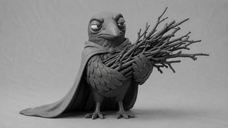 Jake the raven wearing an oversized cape while carrying too many twigs, symbolizing solopreneurs using virtual assistant services to delegate and grow.