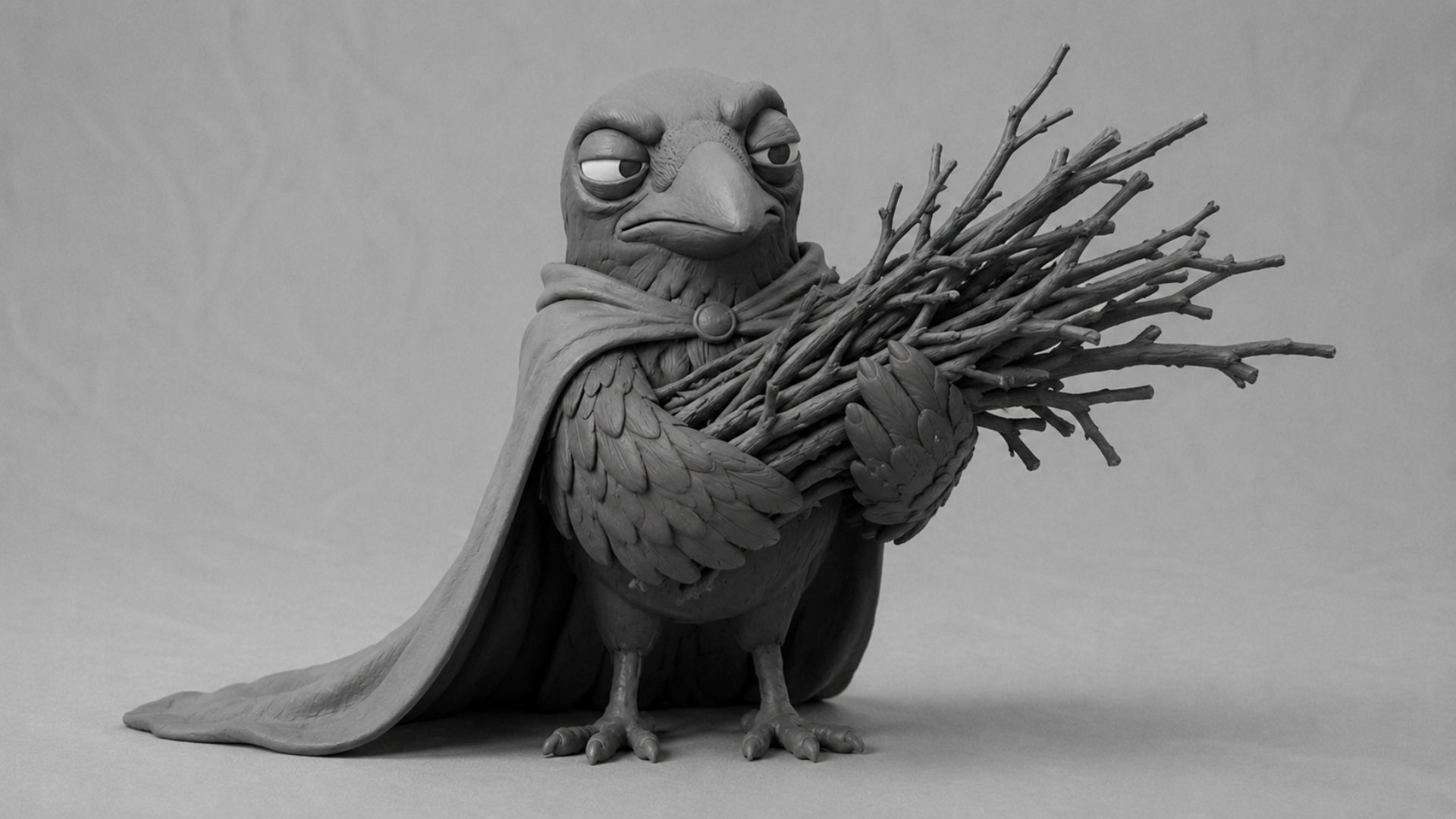 Jake the raven wearing an oversized cape while carrying too many twigs, symbolizing solopreneurs using virtual assistant services to delegate and grow.