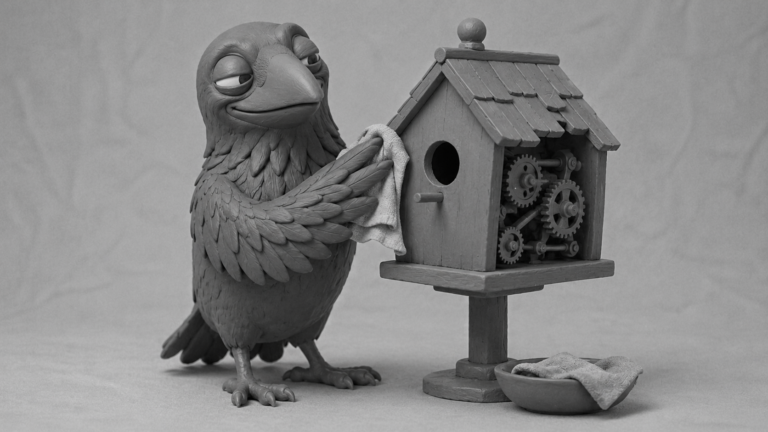 Jake the raven polishing a beautiful birdhouse with hidden gears inside, symbolizing website development features that turn attractive websites into revenue machines.